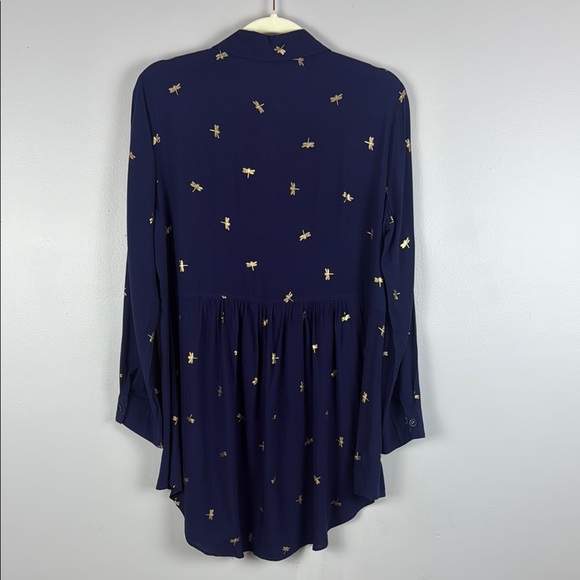 Luna Moon Dragonfly Embroidered Blue Button Down Tunic Size Large - Picture 12 of 12
